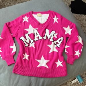 Judith March Hot Pink Star Mama Sweater V Neck Pullover Small Oversized Dopamine